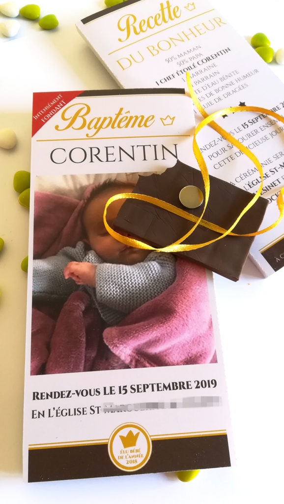 Faire-part de baptême ou naissance, tablette chocolat grand format personnalisé